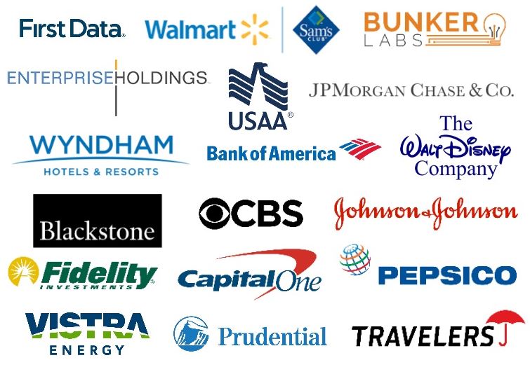 List of Company Logos: First Data, Walmart, Sam's Club, Bunker Labs, Enterprise Holdings, U.S.A.A., JP Morgan chase & Co., Wyndham Hotel & Resorts, Bank of America, The alt Disney Company, Blackstone, CBS, Johnson and Johnson, Fidelity Investments, Capital One, Pepsico, Vistra Energy, Prudential, and Travelers.