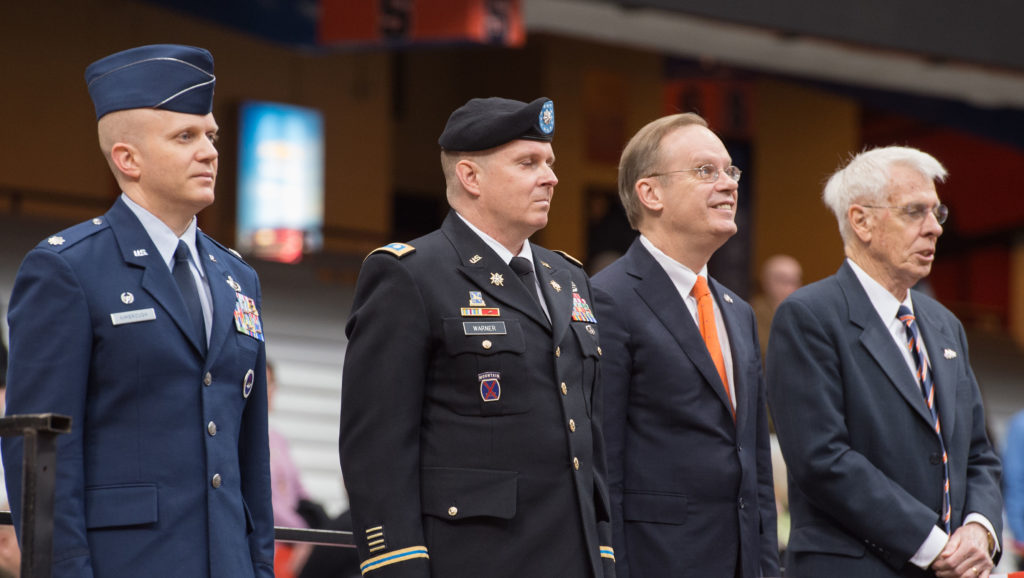 Syracuse university's Chancellor at the ROTC review.