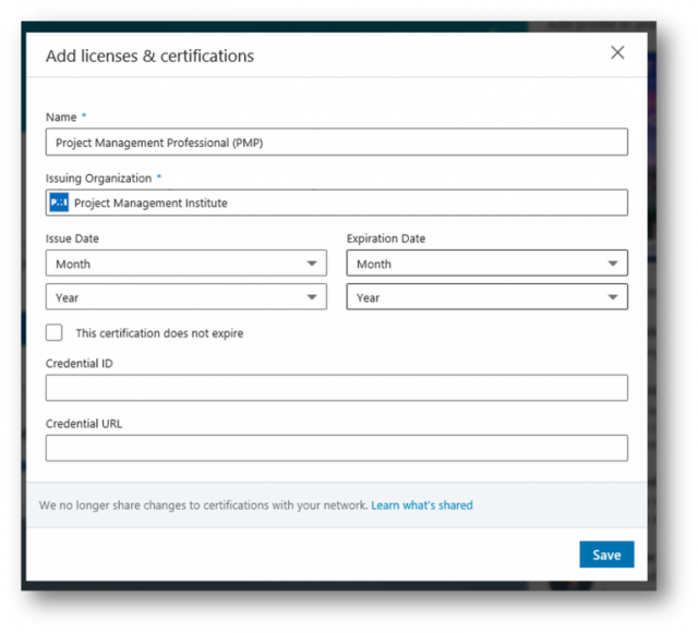 how to add pmp certification url in linkedin