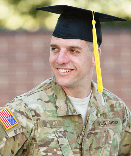student veteran wearing graduation cap. 