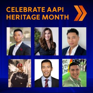 Celebrating AAPI month. Collage of headshots of people.