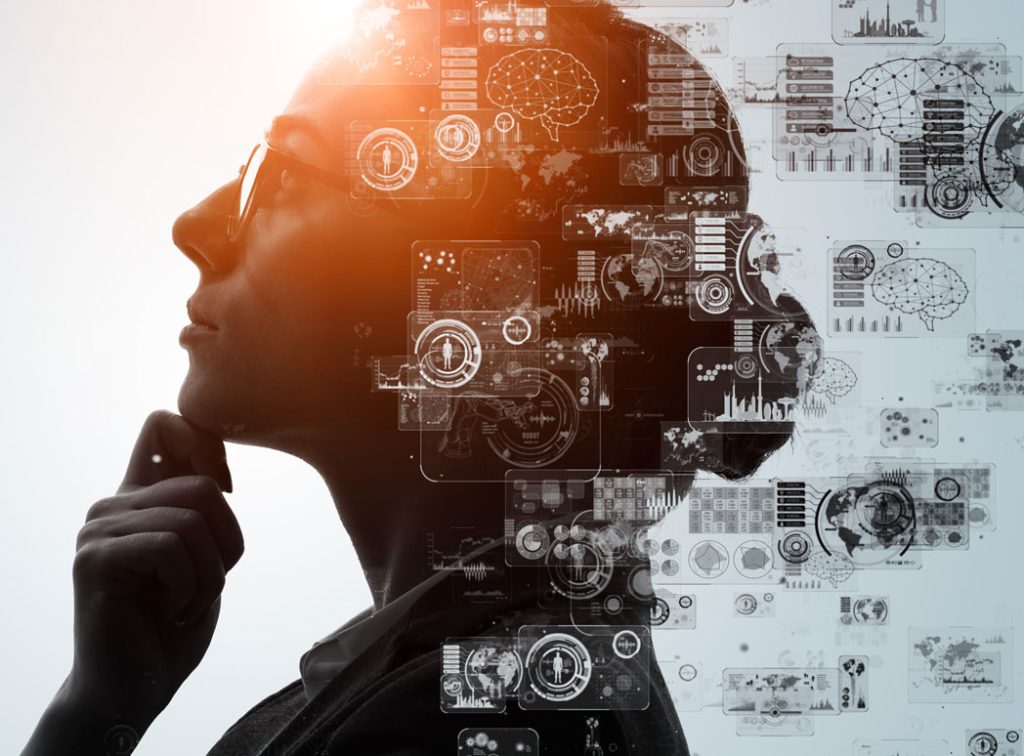 Human with digital-like brain schematics.
