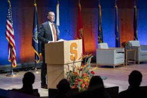 Mike Haynie speaking at the annual Cuse50 Awards.