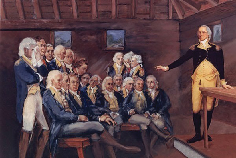 A painting of George Washington addressing the troops at Newburgh, NY, by Jane Sutherland