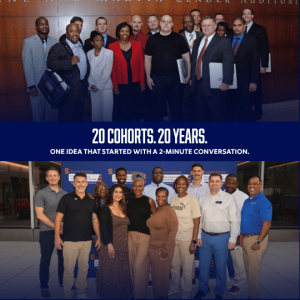 EBV group photo with caption reading "20 cohorts. 20 years. One idea that started with a 2-minute conversation."