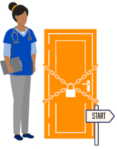 Woman worker standing next to locked door