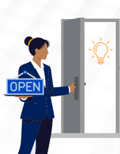 Woman holding "open" sign with an open door